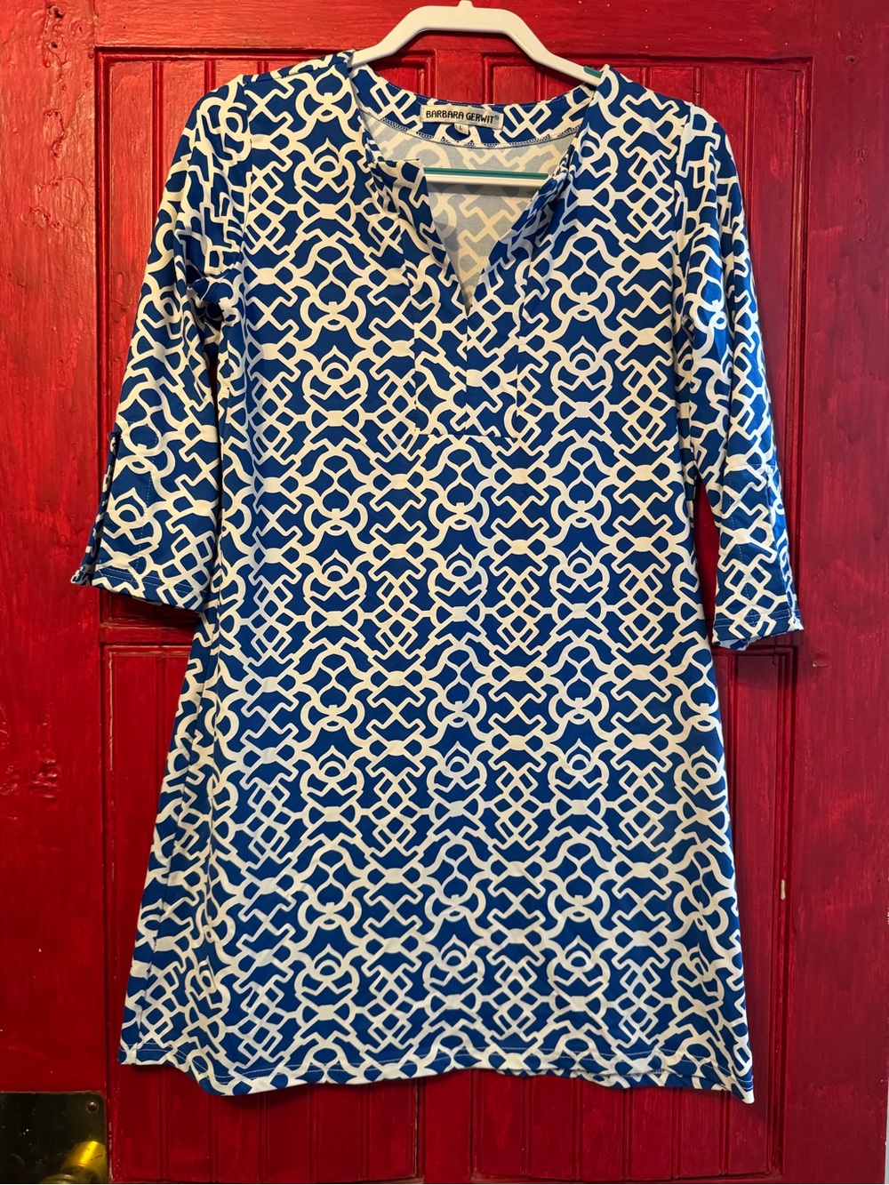 Blue and White Geometric 3/4 Sleeve Dress by Barbara Gerwit
